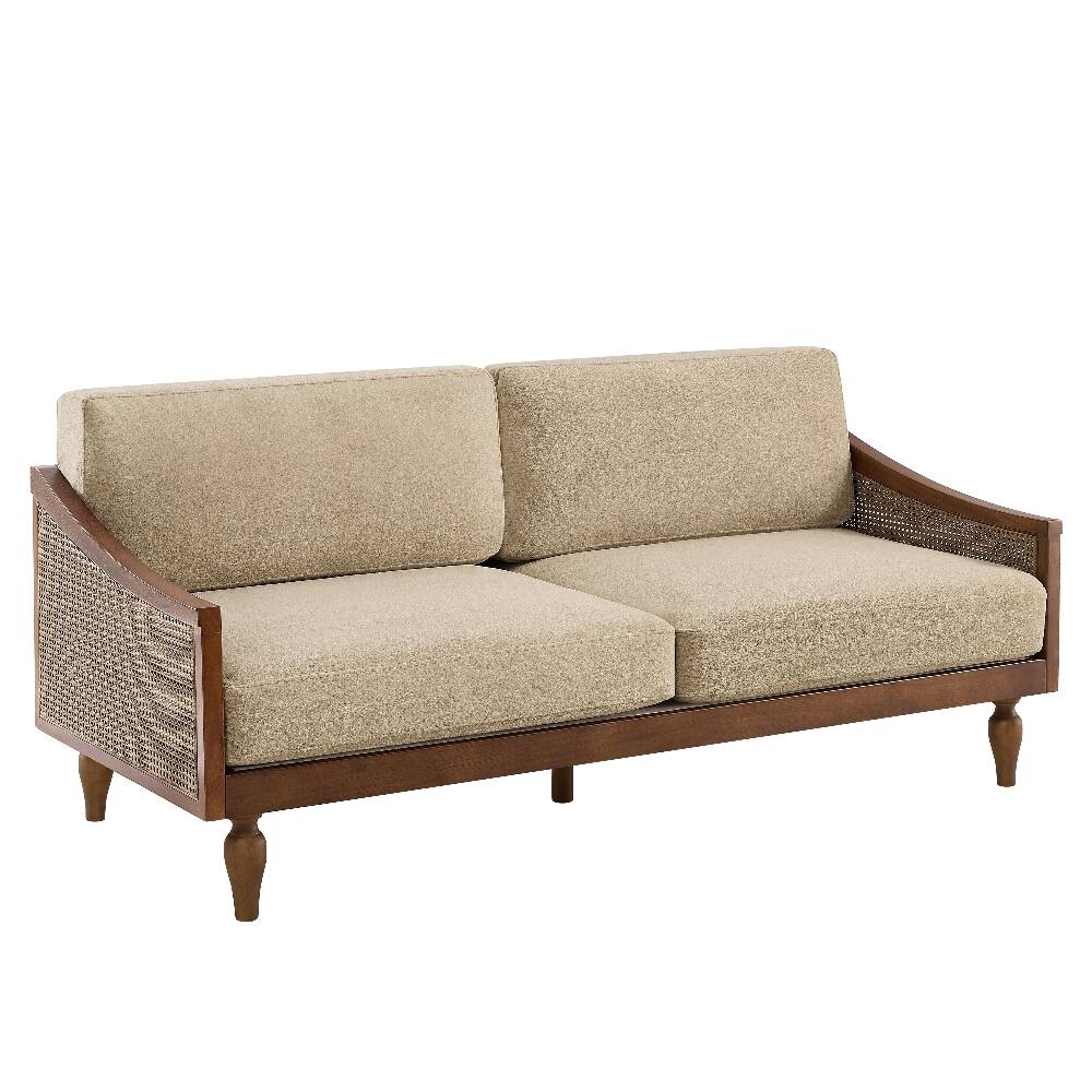 Alt View 1. Loheer - Loheer 70.9 Inch Mid-Century 3-Seater Sofa Light Brown Chenille Couch with Rattan Armrests - Light Brown.