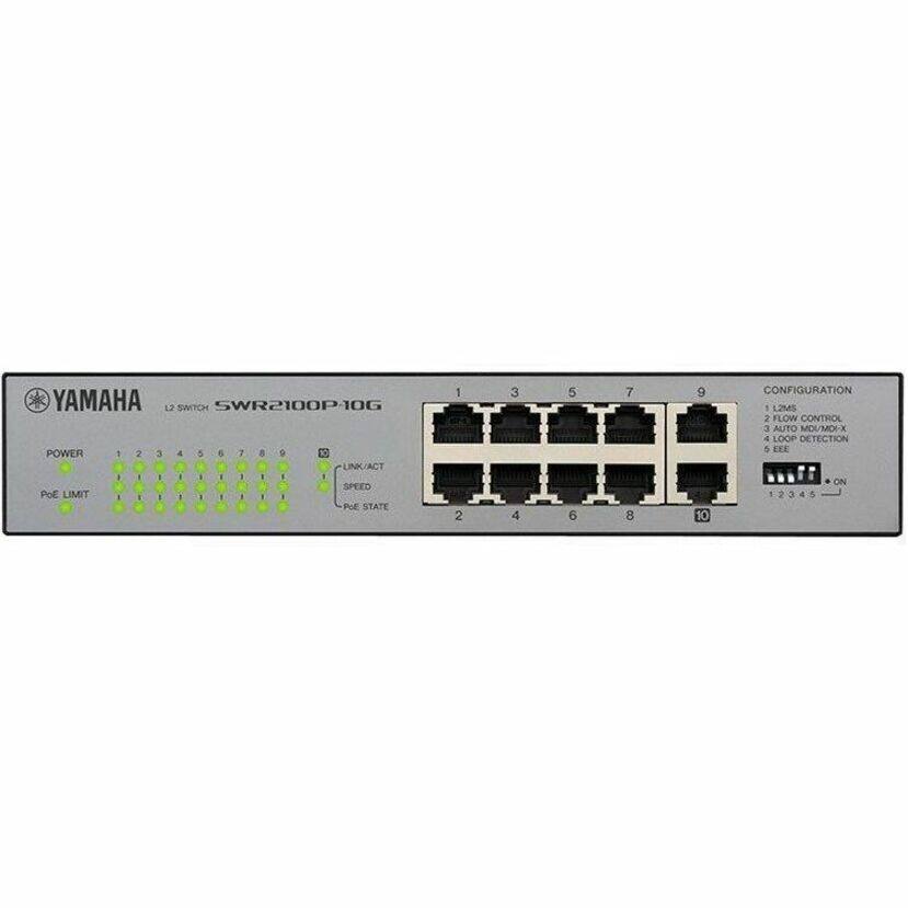 YAMAHA L2 SWITCH SWR2100P-10G

POWER 1 2 3 4 5 6 7 8 9 10

LINK/ACT - I I 1 - 1 F

SPEED POE LIMIT I I 1 I

POE STATE 1 2 3 4 5 6 7 8 9 10

CONFIGURATION - L2MS 2 FLOW CONTROL 5 AUTO MDU/MDI-X 4 LOOP DETECTION 5 EEE - ON

1 2 3 4 5