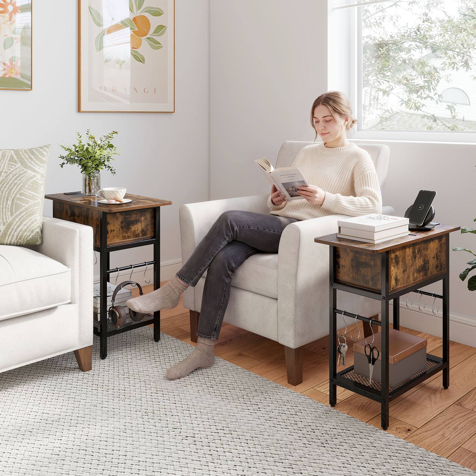 Alt View 3. Costway - Costway End Table with Charging Station, Flip Top Sofa Side Table with USB Ports,Outlets&Shelf - Rustic Brown & Black.