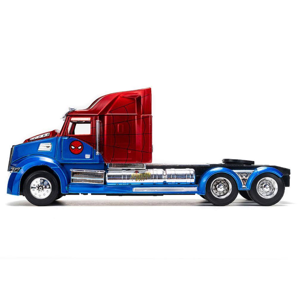 Angle. Jada - Western Star 57X Truck Tractor "Spider-Man" Blue and Red Metallic "Hollywood Rides" Series 1/24 Diecast Model by Jada - Blue and Red Metallic.