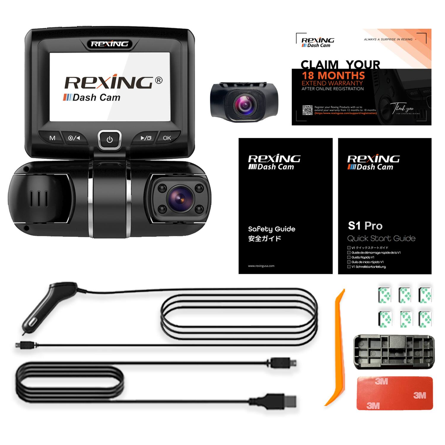 REXING REXING 1 Dash Cam ALWAYS - URPI - EN RexinG R Dash Cam CLAIM YOUR 18 MONTHS EXTEND WARRANTY AFTER ONLINE REGISTRATION nugutar - 1 Produr - - pys/ew/erngn.om/namrenge - - a I - - - -. - Tert ou M / >/O OK RexiNG IIDash Cam ReXING Dash Cam Safety Guide S1 Pro Quick Start Guide W ucede.comgrrageropoodolovs Gb-no0/v Schmekortoritung 1 3M 3M 3M
