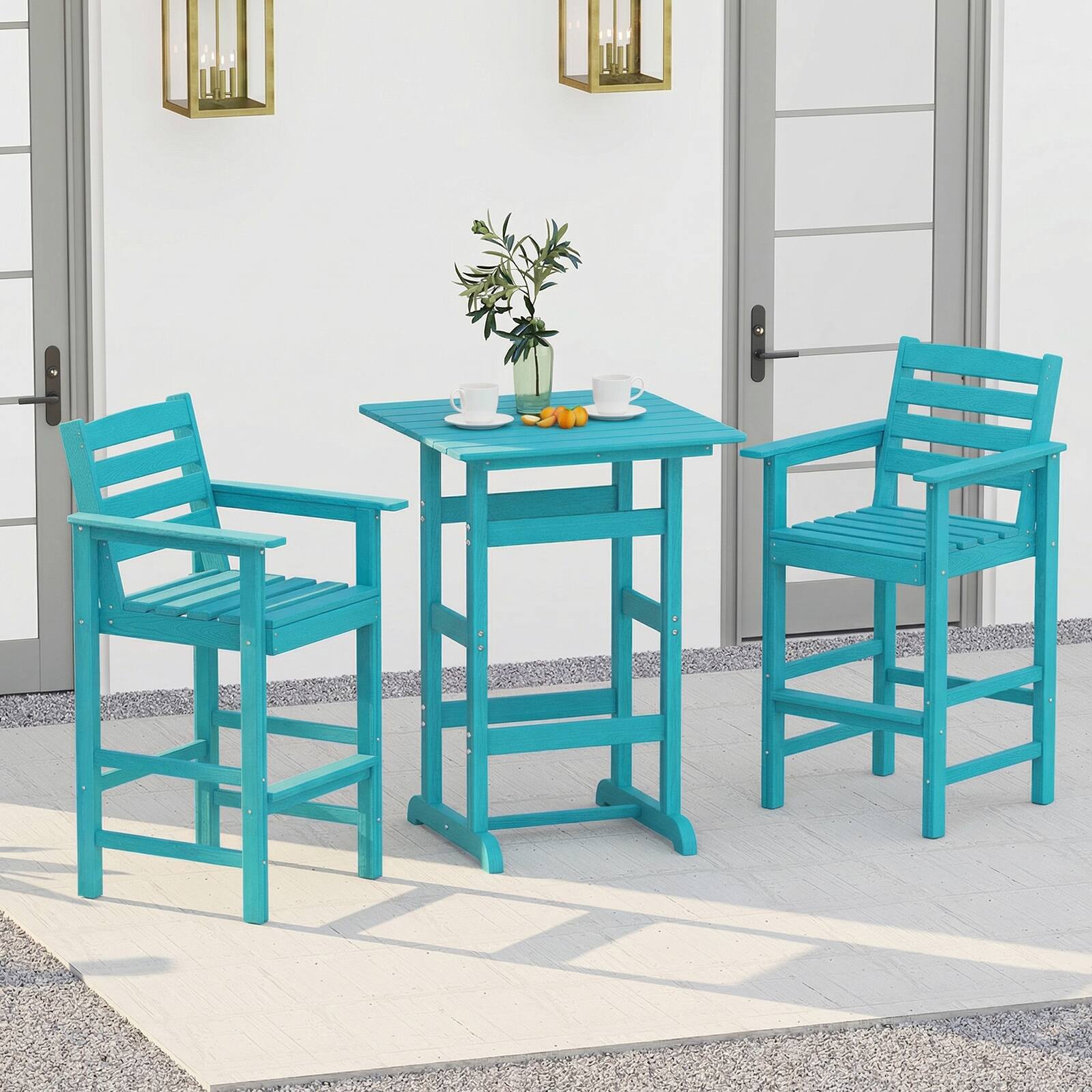 Alt View 1. Costway - Costway 3PCS Patio HDPE Bar Set with Square High-Top Table, Footrest & Backrest for Porch - Turquoise.