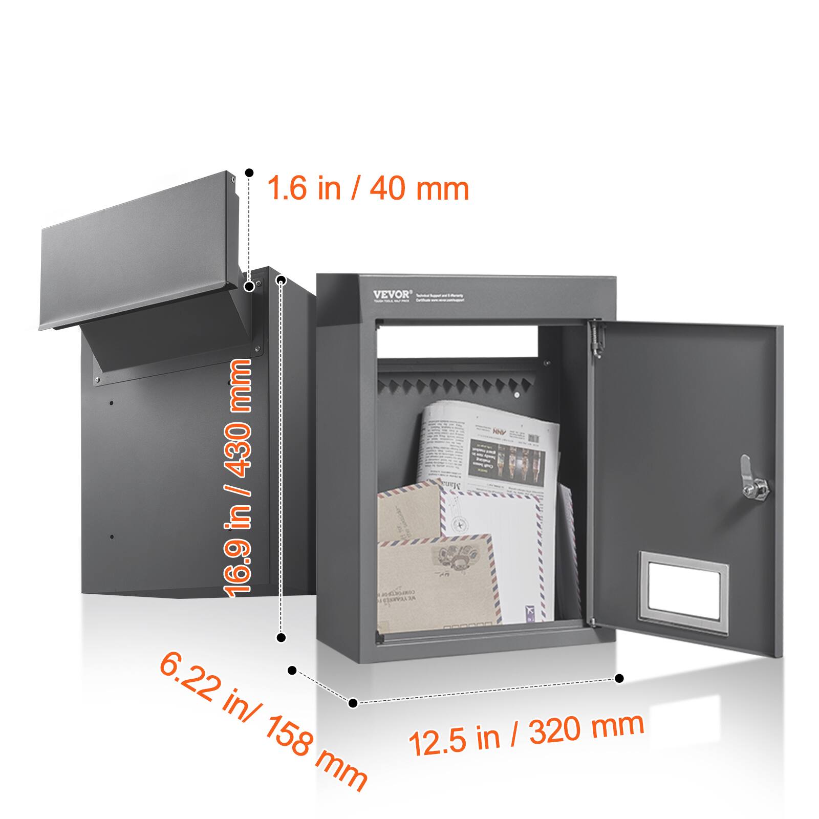 1.6 in / 40 mm  
16.9 in / 430 mm  
6.22 in / 158 mm  
12.5 in / 320 mm