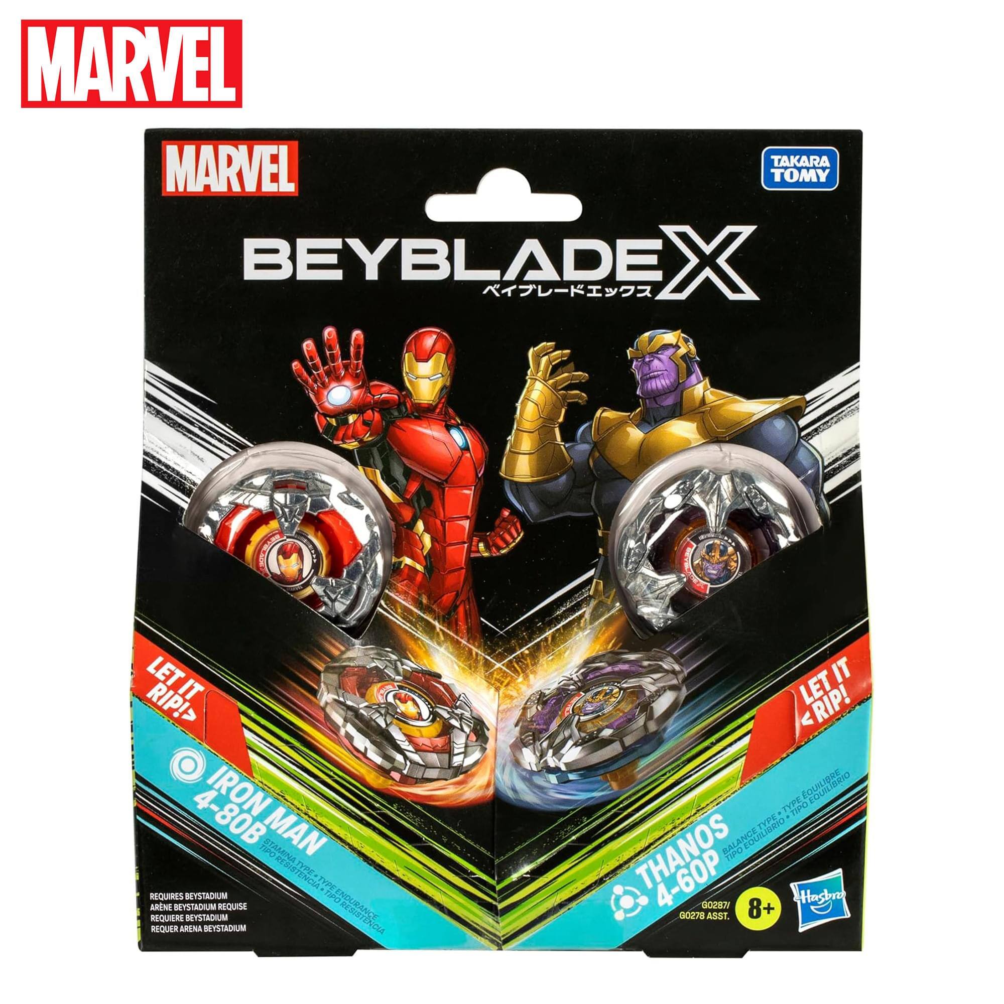 MARVEL TAKARA TOMY BEYBLADE X  
LET IT RIP!  
IRON MAN 4-80B  
THANOS 4-60P  
REQUIRES BEYSTADIUM  
8+