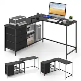 Kadyn - L-shaped Computer Desk with Power Outlet for Working Studying Gaming- Home Office Desks, Gaming Computer Desks - Black