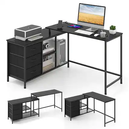 Front. Kadyn - L-shaped Computer Desk with Power Outlet for Working Studying Gaming-Black, Home Office Desks, Gaming Computer Desks - Black.