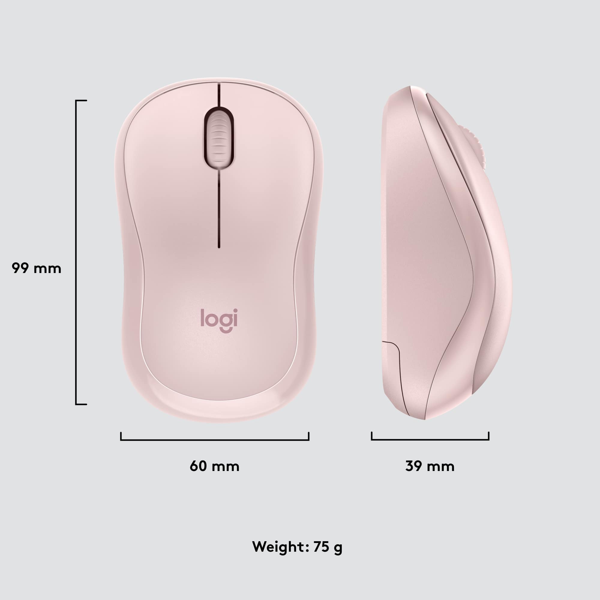 The image shows a pink computer mouse and a pink mouse pad. The mouse is a Logitech product and measures 99 mm in length, 60 mm in width, and 39 mm in height. The weight of the mouse is 75 grams.