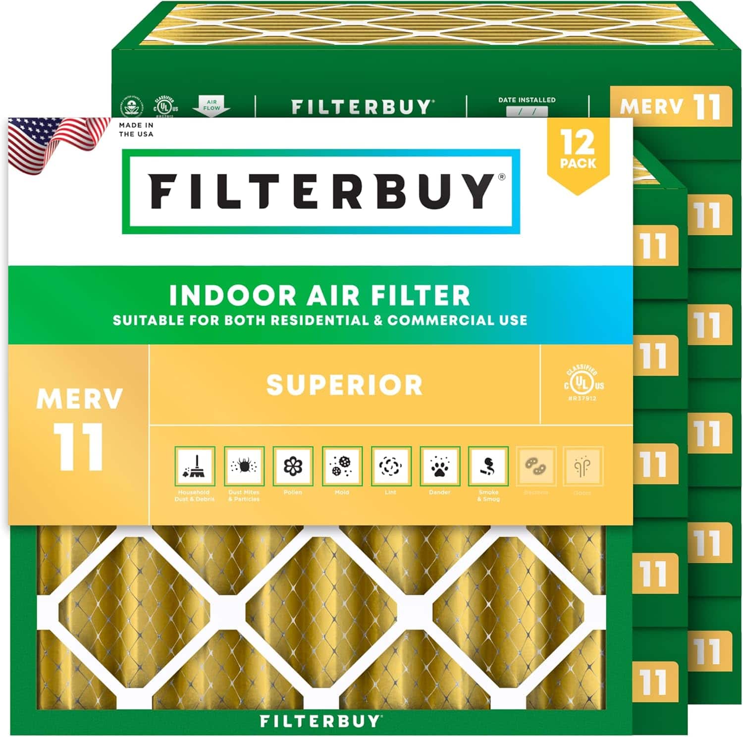 Filterbuy - 10x10x4 MERV 11 Pet & Allergy Defense, Electrostatic Pleated HVAC AC Furnace Air Filters Replacement (12-Pack) - Gold