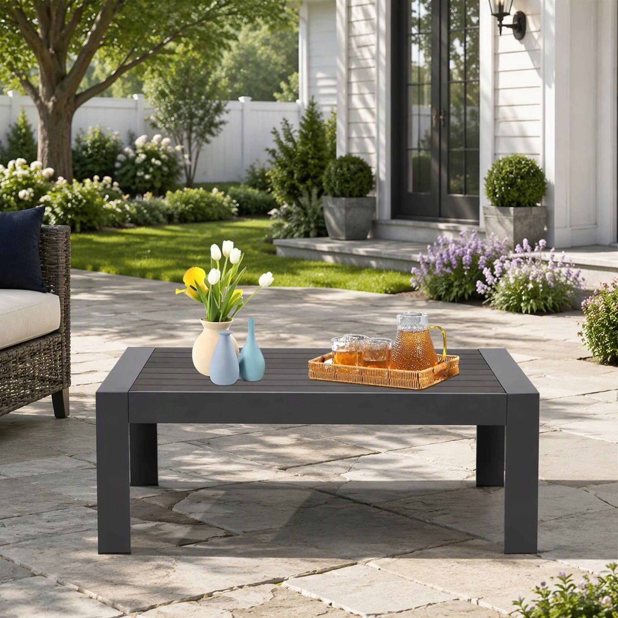 Angle. RYHNUYNE - 43" Rectangular Patio Coffee Table,Modern Gray Outdoor Furniture for Deck Balcony Poolside and Garden - Gray.