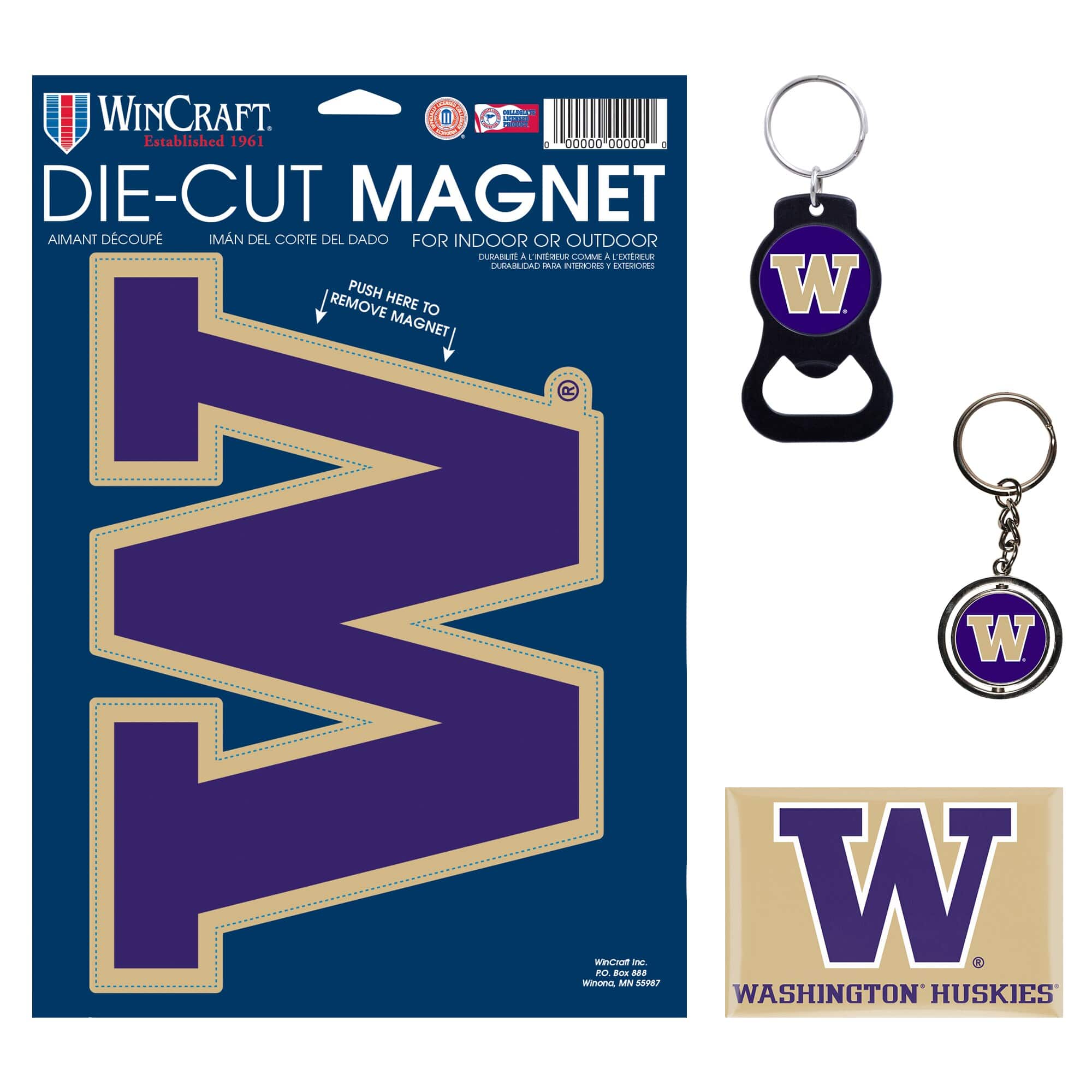 **WinCraft**  
Established 1961

**DIE-CUT MAGNET**  
AIMANT DÉCoupé  
IMÁN DEL CORTE DEL DADO  
FOR INDOOR OR OUTDOOR  
DURABLE FOR INTERIORS AND EXTERIORS

**PUSH HERE TO REMOVE MAGNET**

**WASHINGTON HUSKIES**

WinCraft Inc.  
Winona, MN 55907