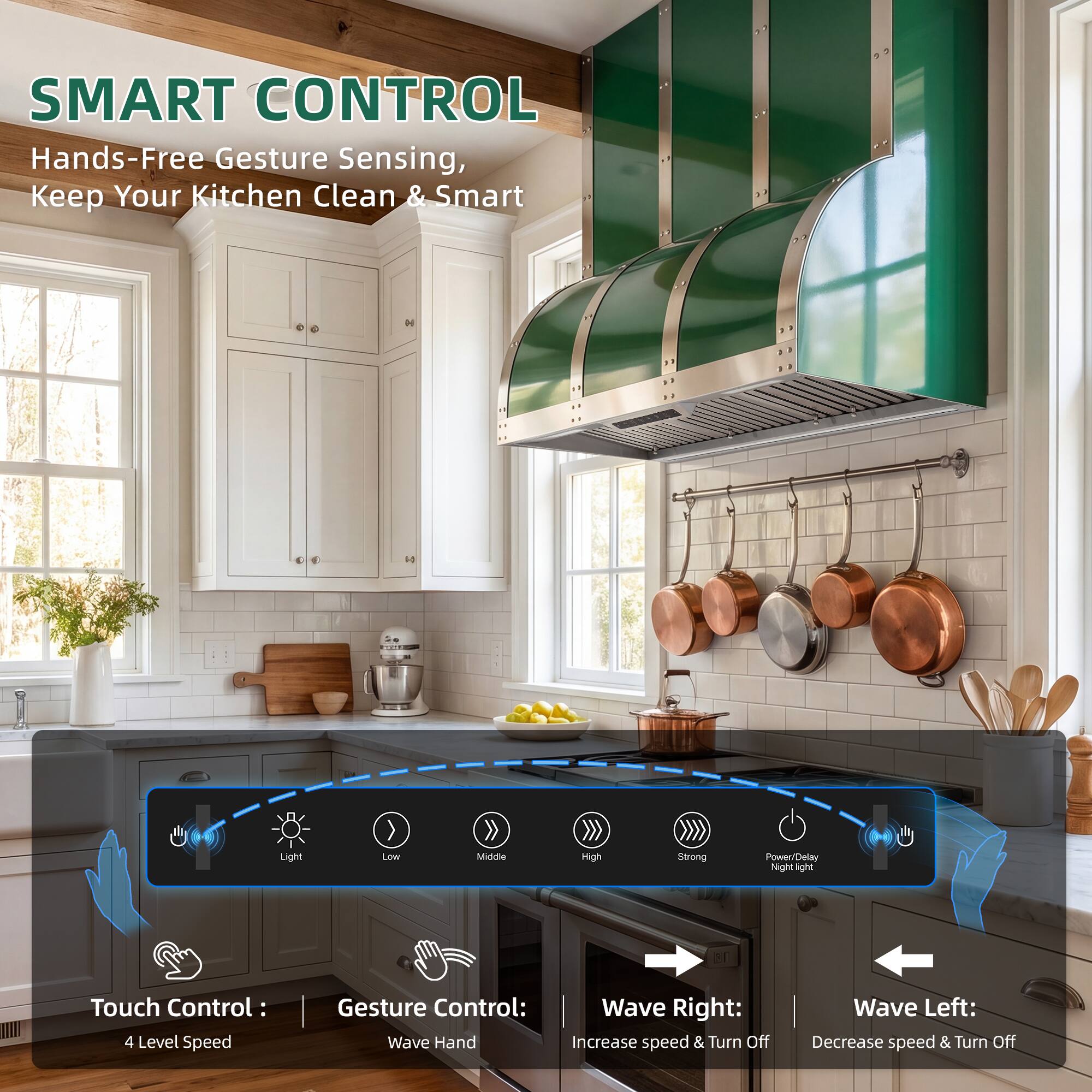 SMART CONTROL Hands-Free Gesture Sensing, Keep Your Kitchen Clean & Smart

1 Light
2 Low
3 Middle
4 High
5 Strong
6 Power/ Delay Night light

Touch Control: 4 Level Speed

Gesture Control: Wave Hand

Wave Right: Increase speed & Turn Off

Wave Left: Decrease speed & Turn Off