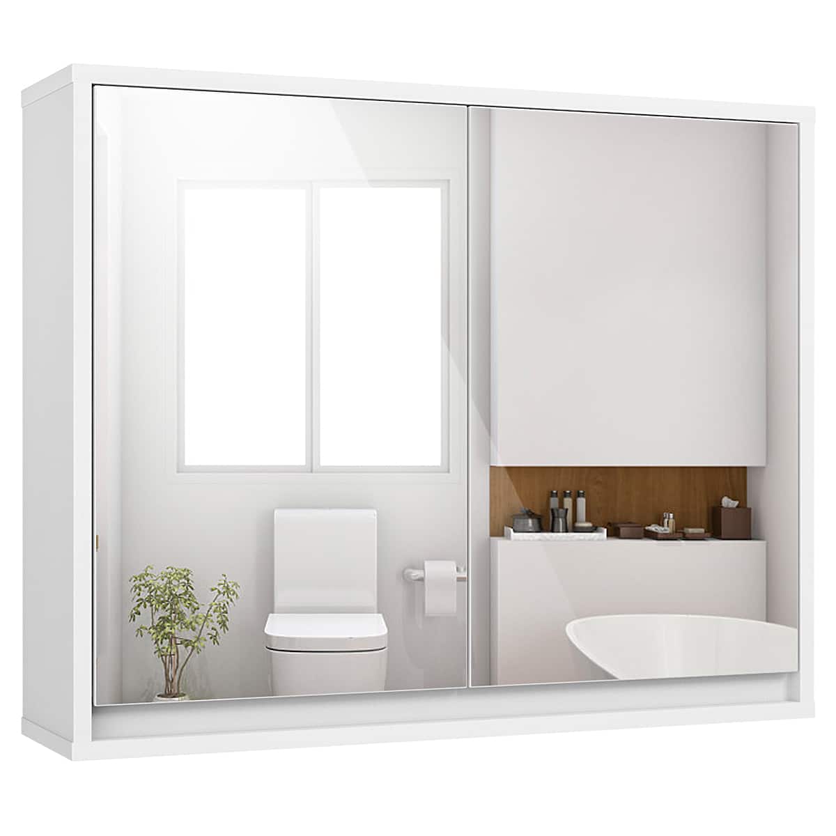 Costway - Wall Mounted Bathroom Storage Cabinet Medicine Cabinet Organizer Shelf W/Double Mirror Door - White