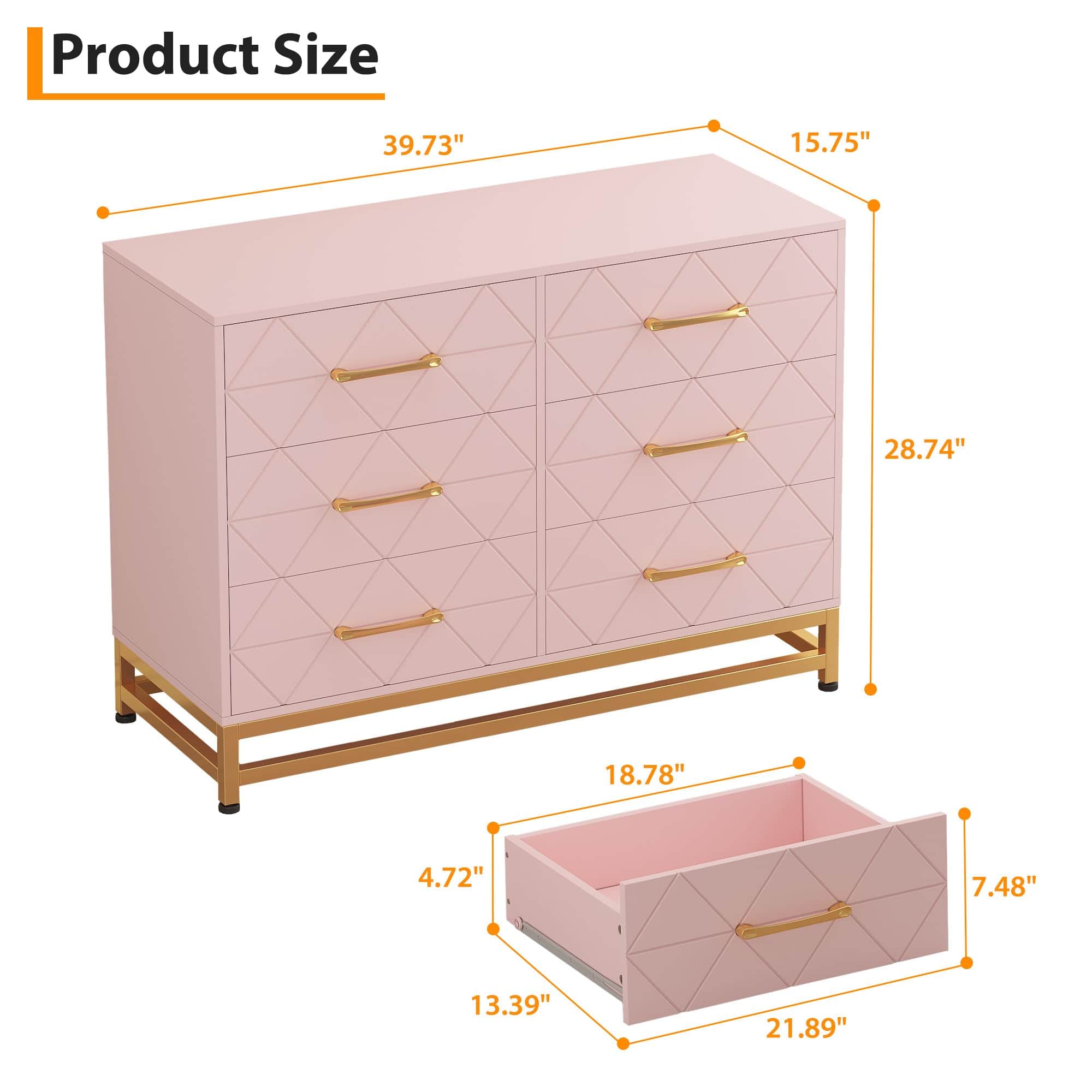 Acekool - 6-Drawer Wooden Dresser for Bedroom,Dresser TV Stand, Modern Storage Chest - Pink