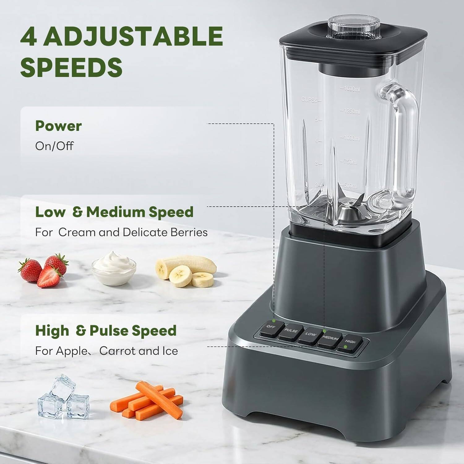 4 Adjustable Speeds

Power On/Off

Low & Medium Speed  
For Cream and Delicate Berries

High & Pulse Speed  
For Apple, Carrot and Ice
