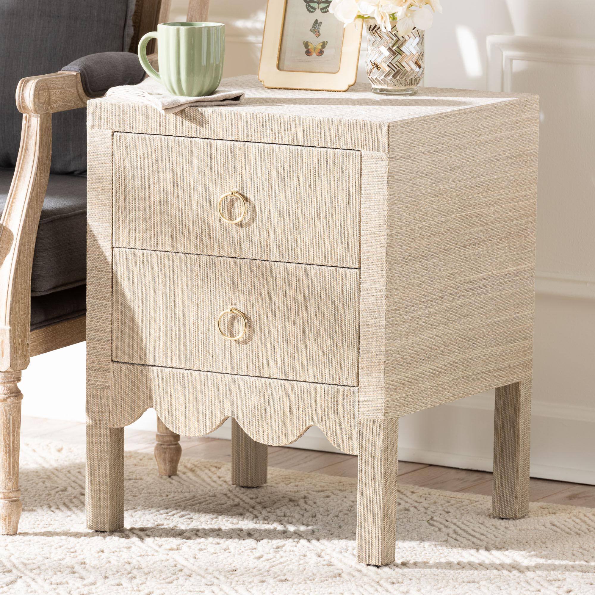 Alt View 5. bali & pari - Juniper Grasscloth Nightstand with Scalloped Base - Woven Texture 2-Drawer Bedside Table with Gold Ring Pulls - Beige/Gold.