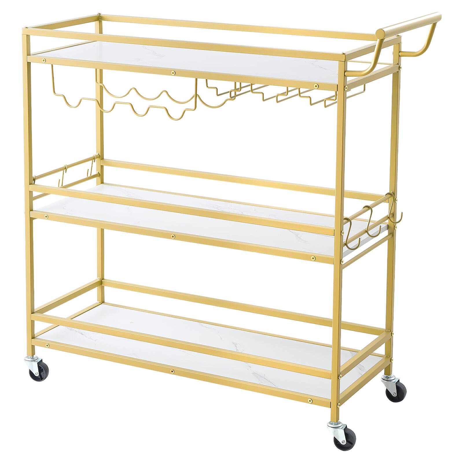 Alt View 5. VEVOR - Bar Cart, 3 Tiers Home Kitchen Serving Carts, Modern Rolling Utility Station on Wheels, Mobile Drink Beverage Trolley - Gold + White.
