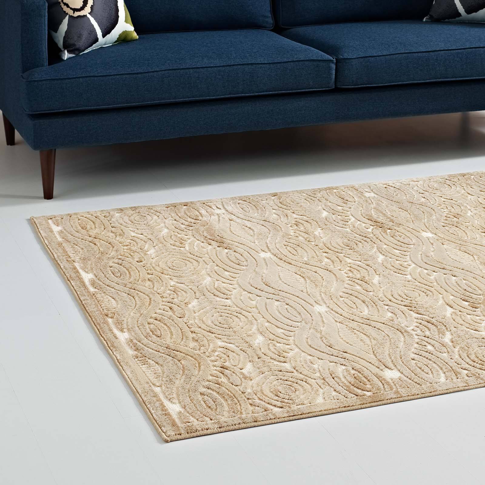 Back. Modway - Kennocha Rustic Vintage Abstract Waves Area Rug - Tan and Cream.