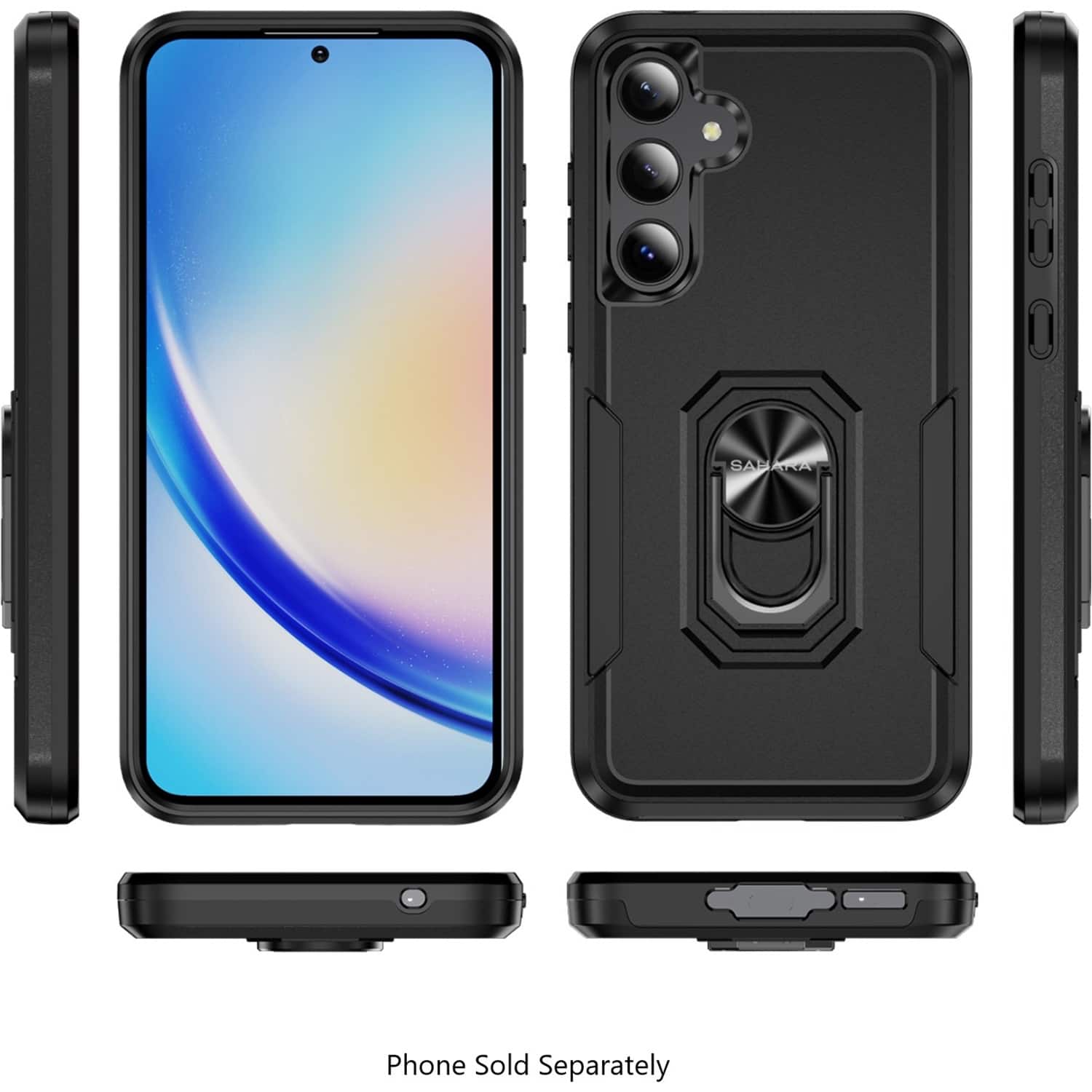 The image shows a phone case for a Samsung phone. The case is black and has a camera on the back. The phone is not included with the case, and it is sold separately.