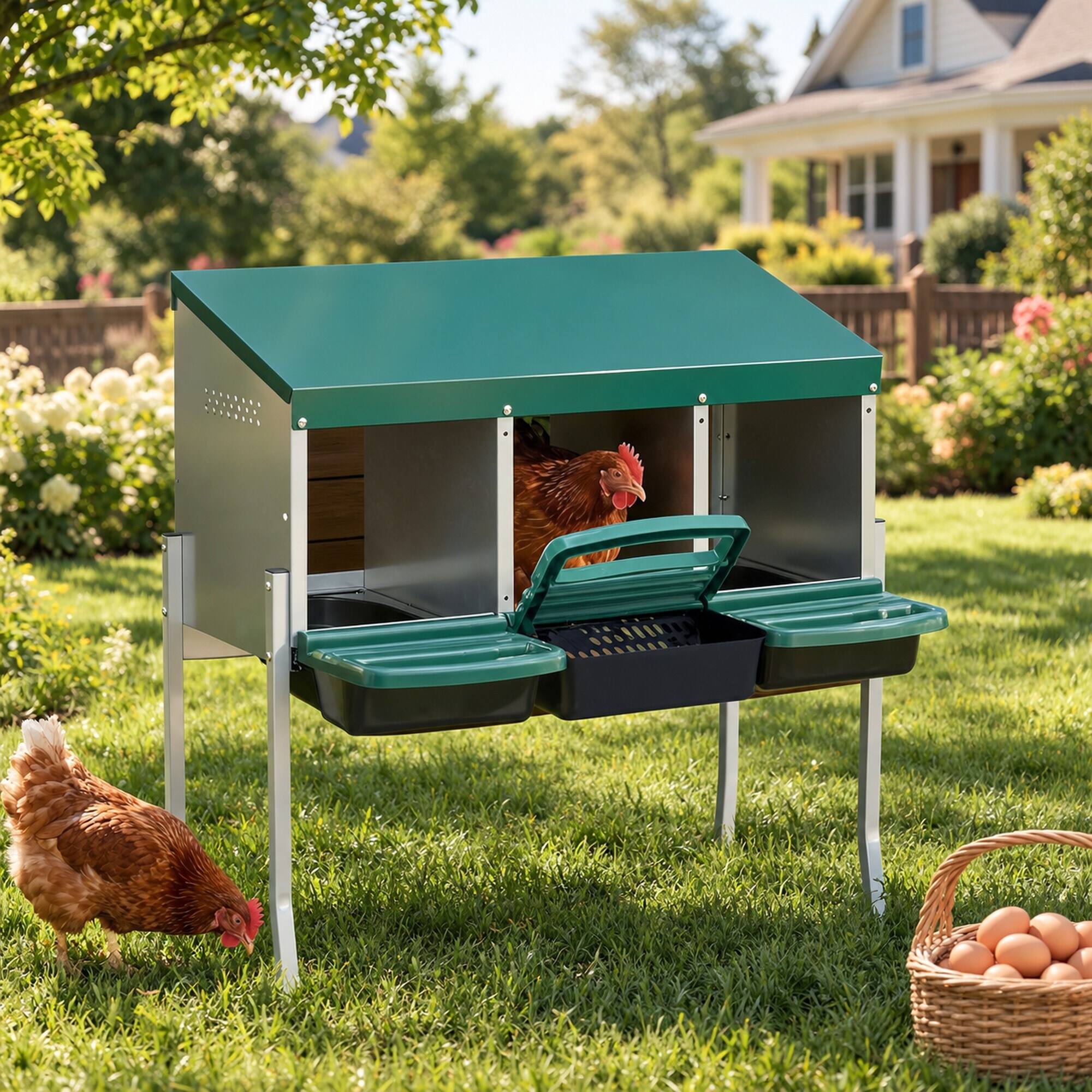 Left. RYHNUYNE - Chicken Nesting Boxes, 3 Compartment Laying Box, Galvanized Steel Frame, Roll-Away Egg Trays, Green.