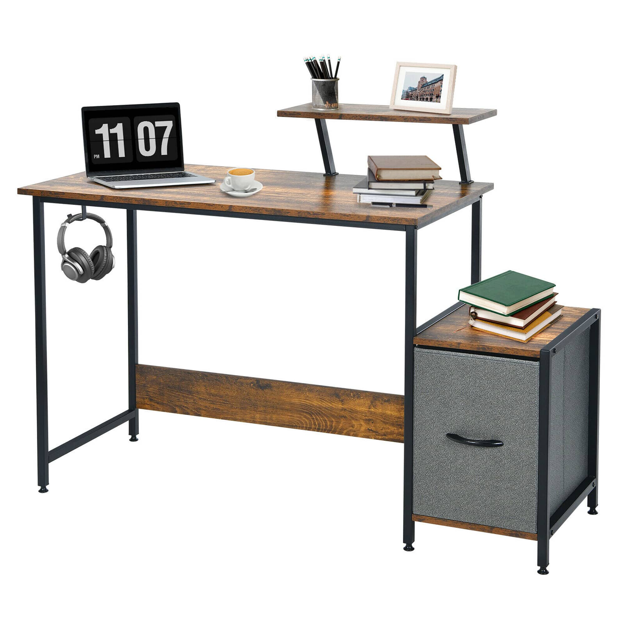 Front. Costway - Costway Computer Desk Writing Workstation Home Office w/ Movable Storage Rack & Shelf - Black,Rustic Brown.