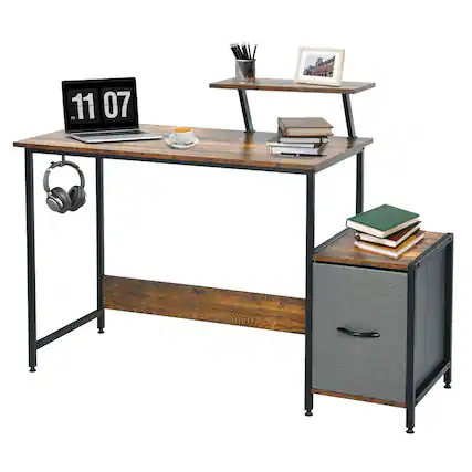 Front. Costway - Costway Computer Desk Writing Workstation Home Office w/ Movable Storage Rack & Shelf - Black,Rustic Brown.