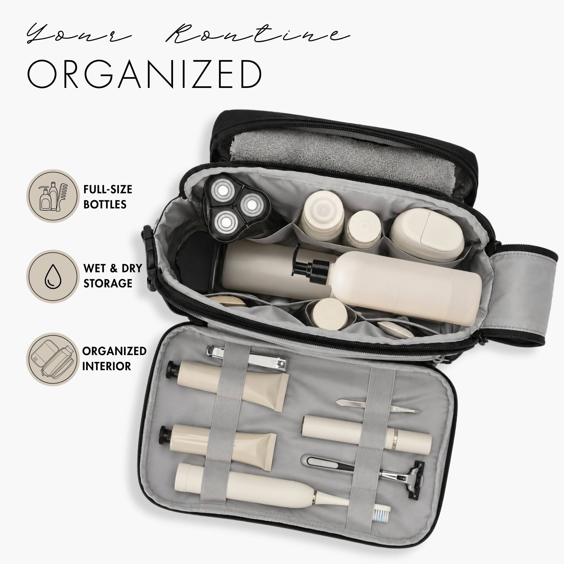 Your Routine  
ORGANIZED  

FULL-SIZE BOTTLES  
WET & DRY STORAGE  
ORGANIZED INTERIOR