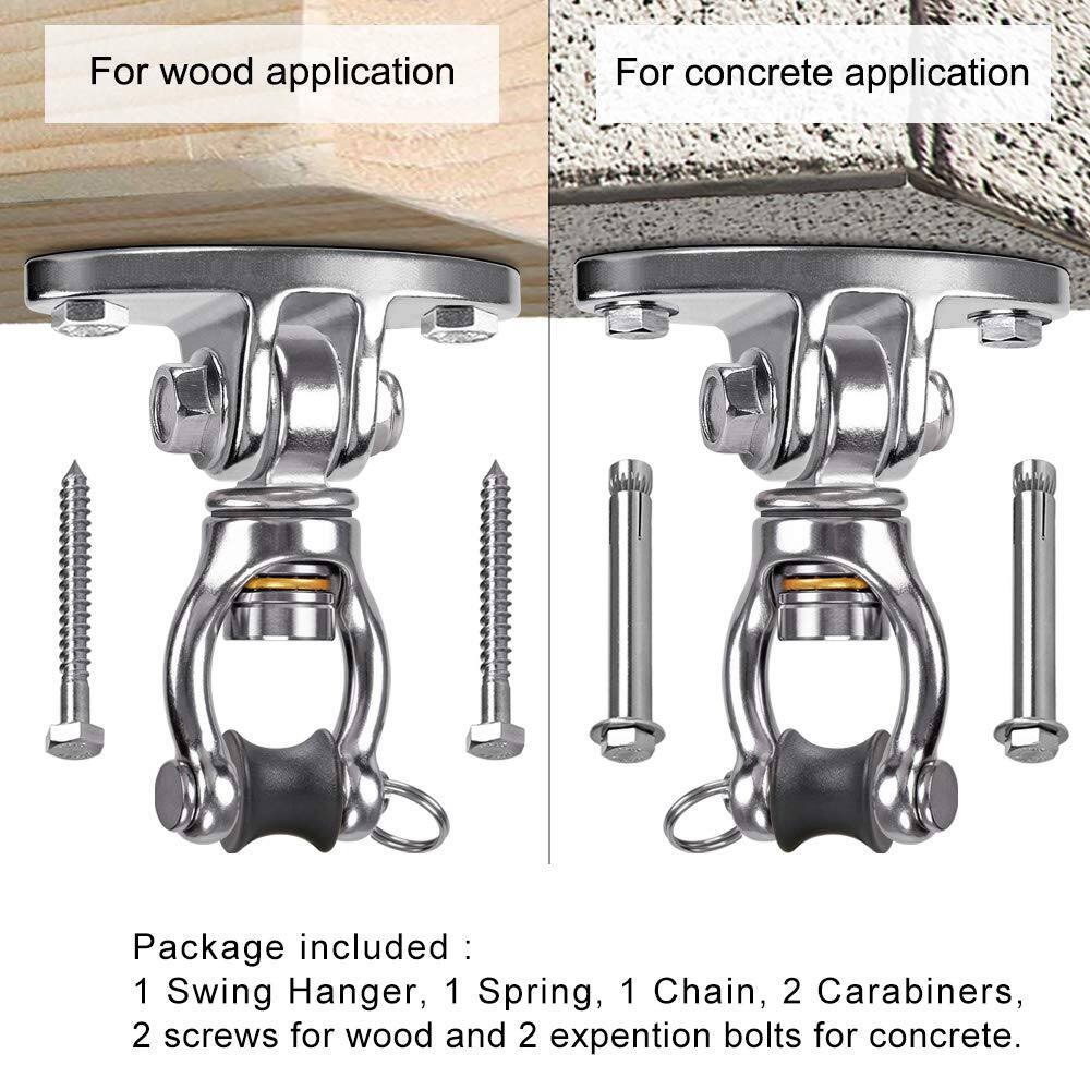 For wood application

For concrete application

Package included:
1 Swing Hanger, 1 Spring, 1 Chain, 2 Carabiners, 2 screws for wood and 2 expansion bolts for concrete.