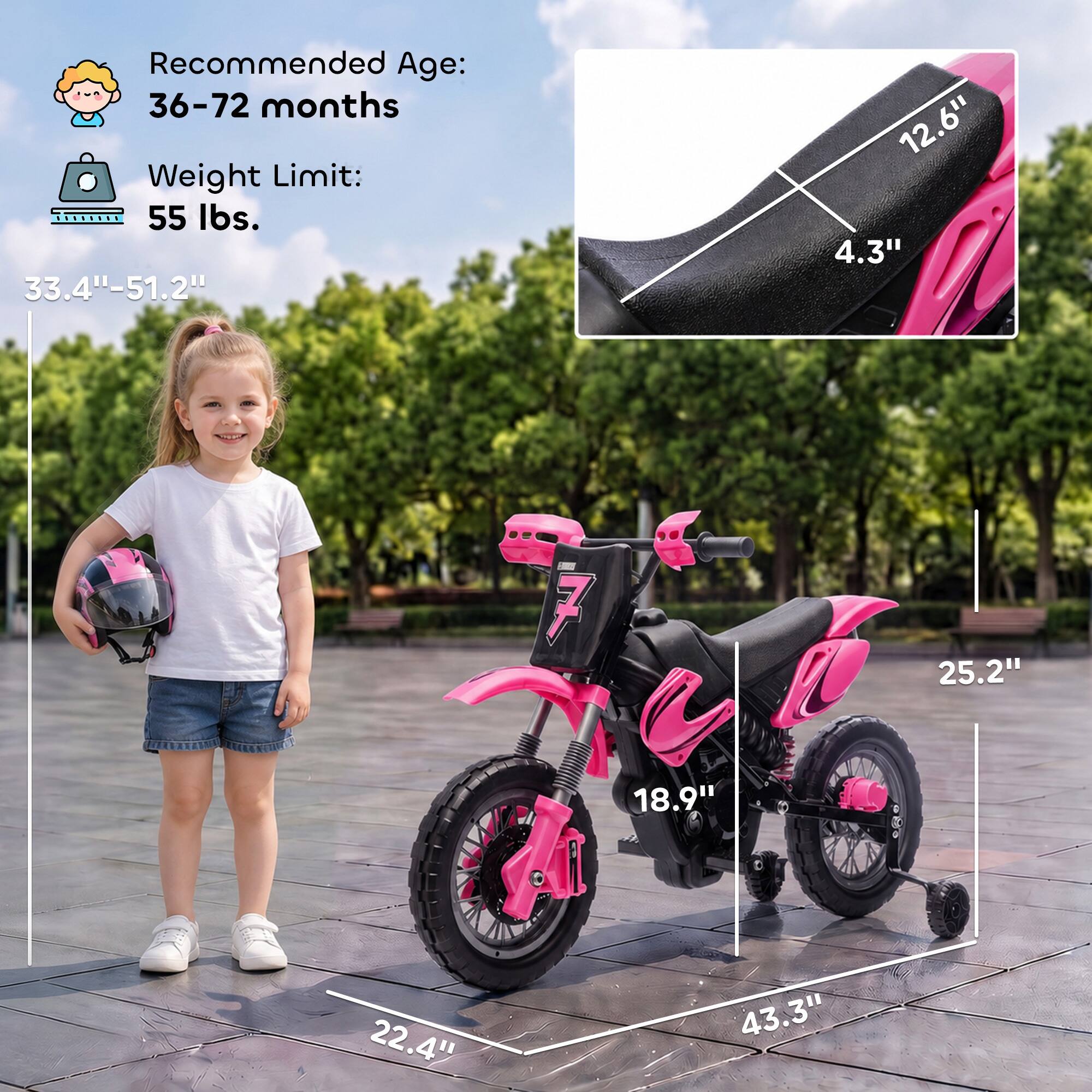 Recommended Age: 36-72 months  
Weight Limit: 55 lbs.  
33.4"-51.2"  
12.6" 4.3"  
7  
25.2"  
18.9"  
22.4"  
43.3"