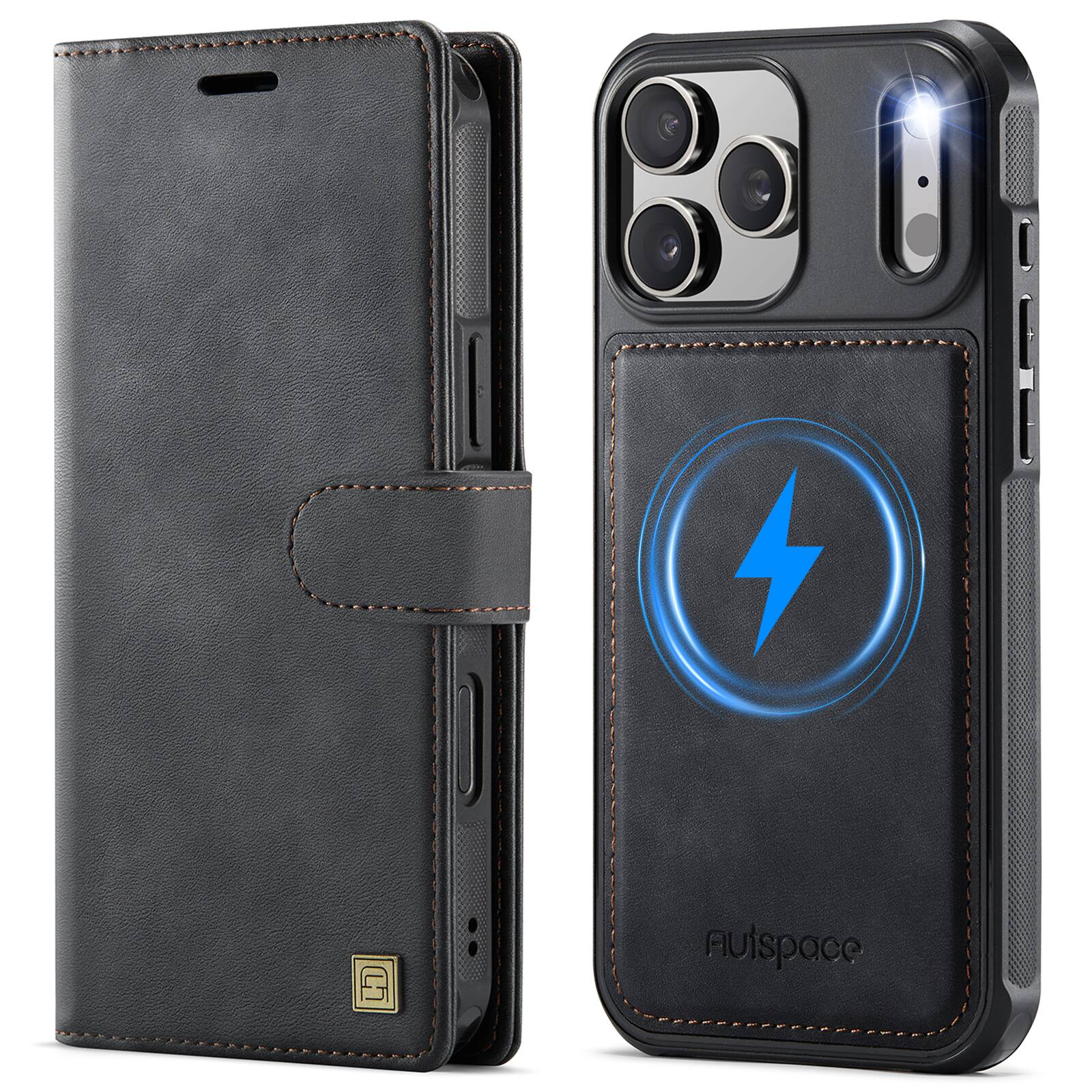 Alt View 2. Dteck - 2 in 1 Magnetic Leather Wallet Phone Case for Apple iPhone 17 Pro Max, RFID Blocking Detachable Card Holder Stand Cover - Black.