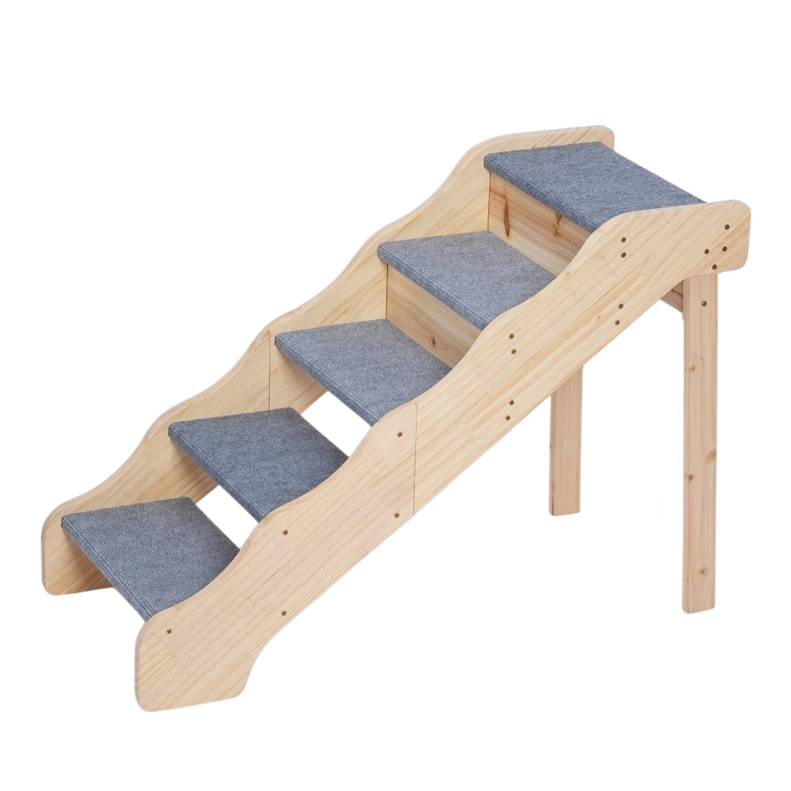 Front. Winado - 5-Step Wooden Pet Stairs, Portable Pet Ladder with Plush Carpet, Non-Slip Dog Steps for Indoor Small Dogs Cats Bed Sofa - Natural Wood & Light Gray.