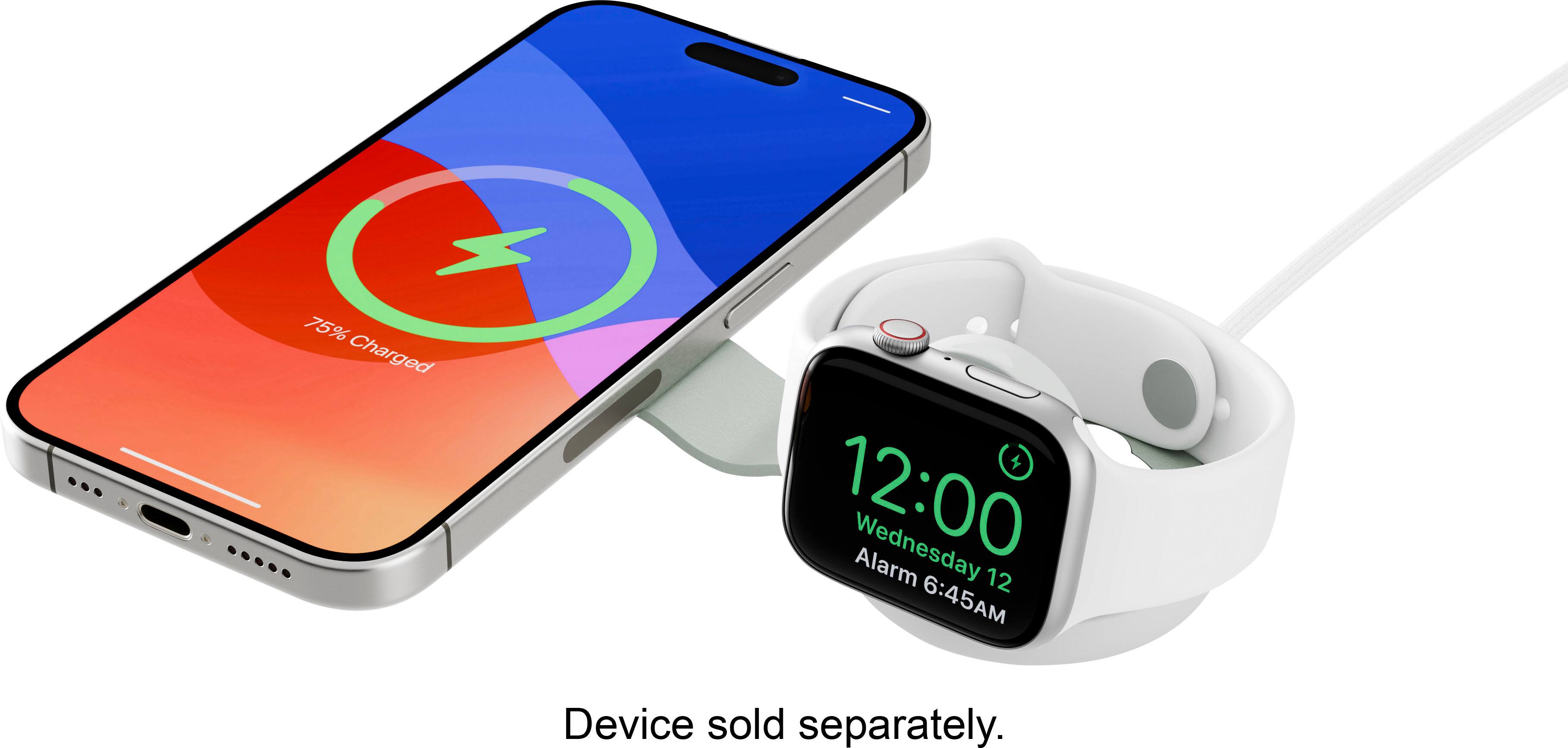 The image shows a smartphone and a watch on a table. The phone is 75% charged, and the watch displays the time as 12:00 on Wednesday. The alarm is set for 12:06 AM. The device is sold separately.