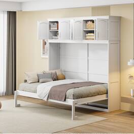 Tiramisubest - Full Size White Murphy Wall Bed with Cabinets, Plywood, Space-Saving & Comfortable - White