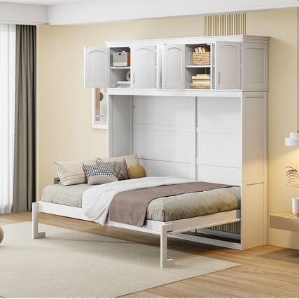 Front. Tiramisubest - Full Size White Murphy Wall Bed with Cabinets, Plywood, Space-Saving & Comfortable - White.