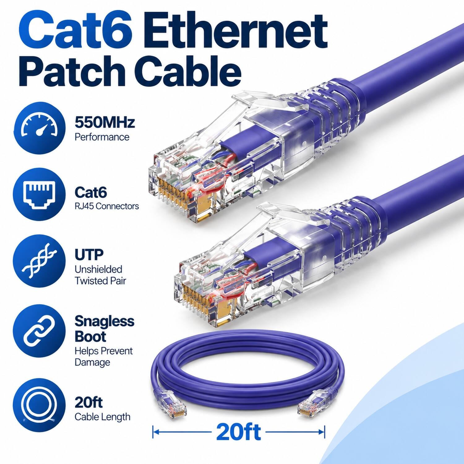 Cat6 Ethernet Patch Cable

550MHz Performance

Cat6 RJ45 Connectors

UTP Unshielded Twisted Pair

Snagless Boot Helps Prevent Damage

20ft Cable Length