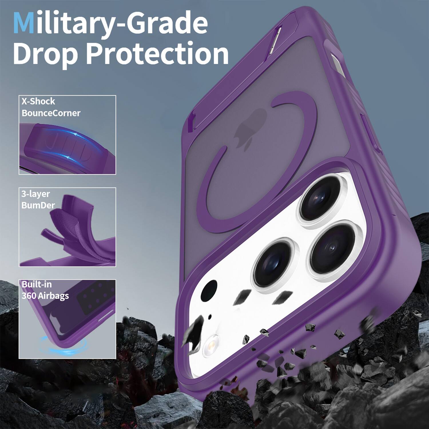 Military-Grade Drop Protection  
X-Shock BounceCorner  
3-layer BumDer  
Built-in 360 Airbags