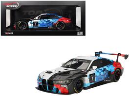BMW M4 GT3 EVO Presentation #1 White with Carbon Blue and Red Graphics 1/18 Model Car by Top Speed - Multicolor