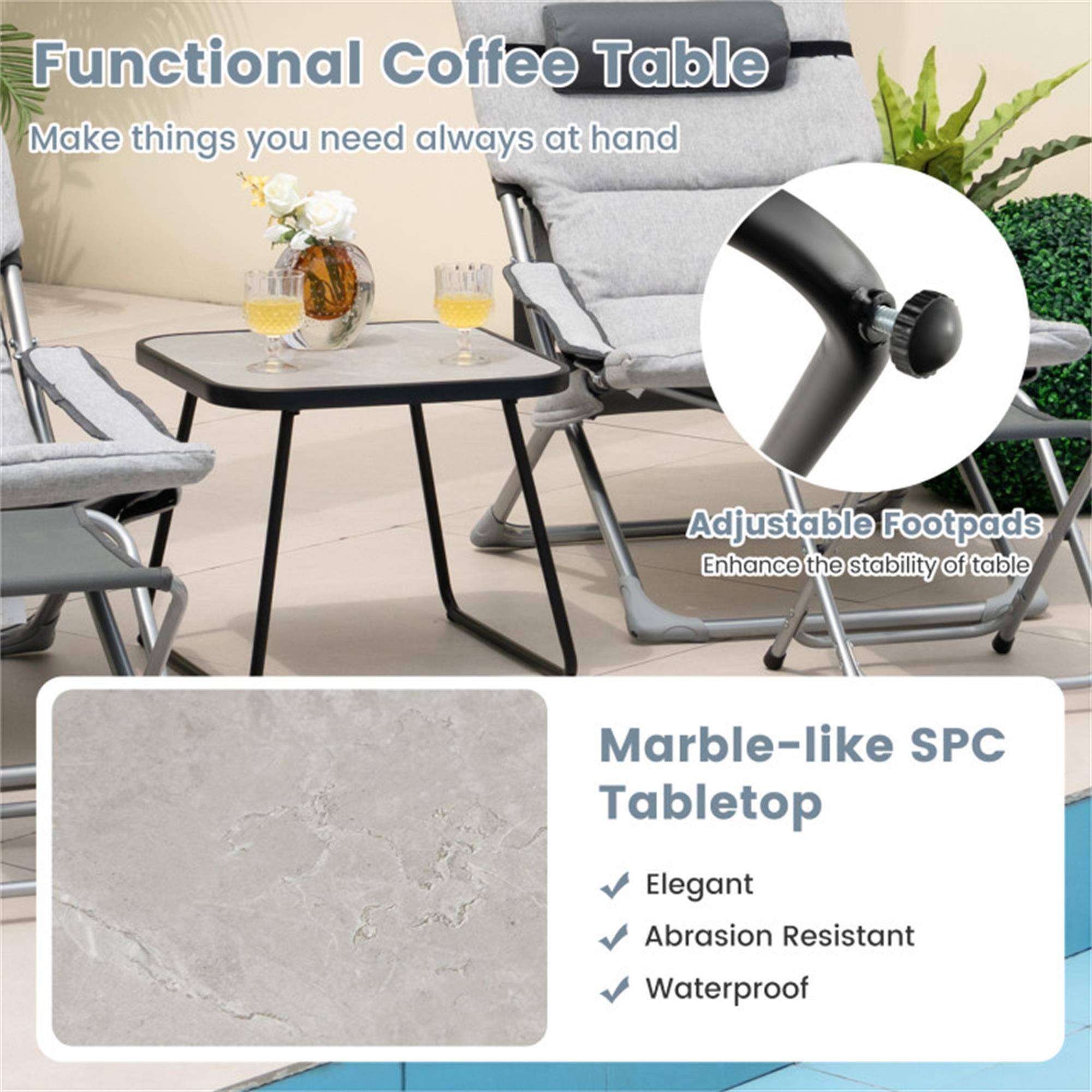 Functional Coffee Table  
Make things you need always at hand  

Adjustable Footpads  
Enhance the stability of the table  

Marble-like SPC Tabletop  
- Elegant  
- Abrasion Resistant  
- Waterproof