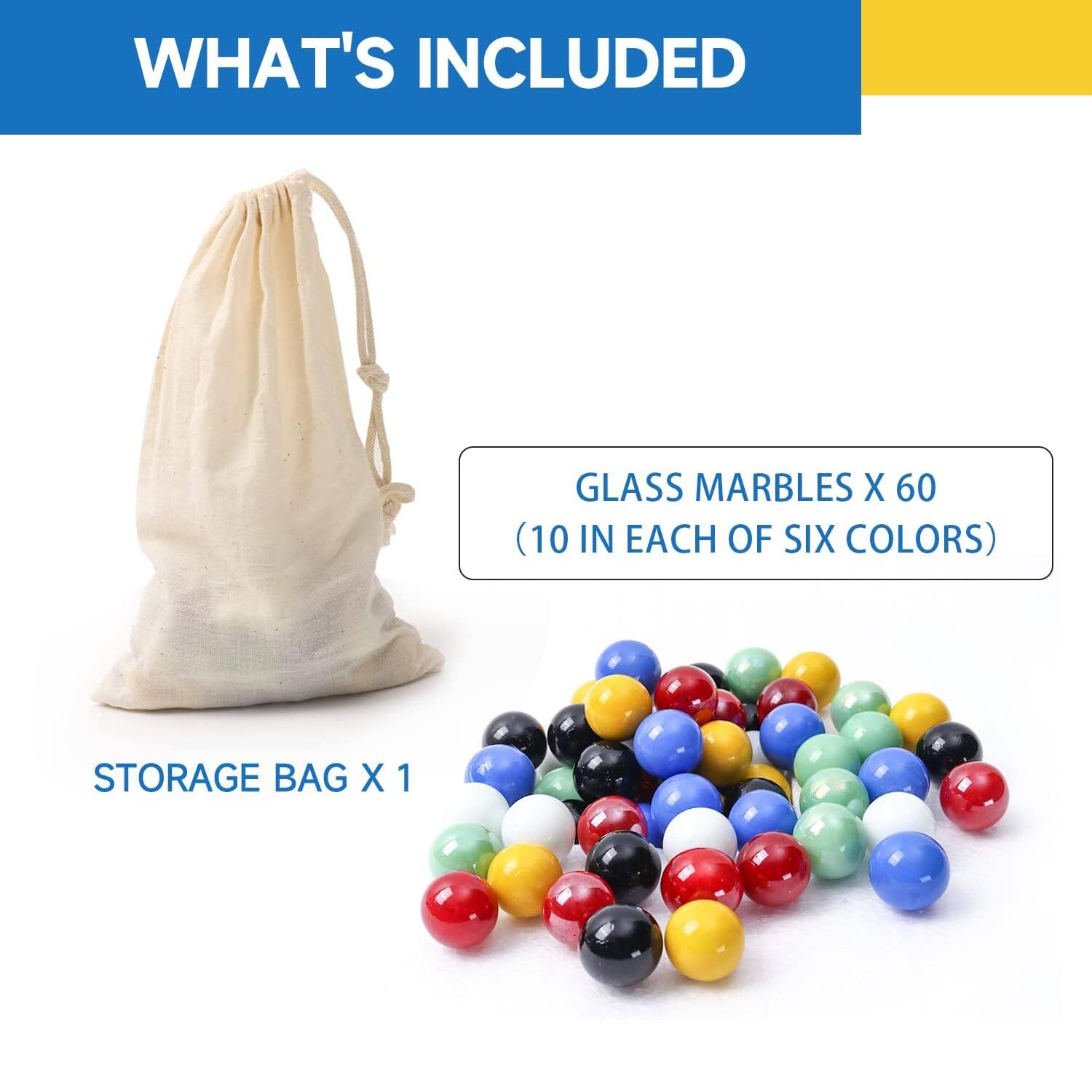 WHAT'S INCLUDED
GLASS MARBLES X 60 (10 IN EACH OF SIX COLORS)
STORAGE BAG X 1