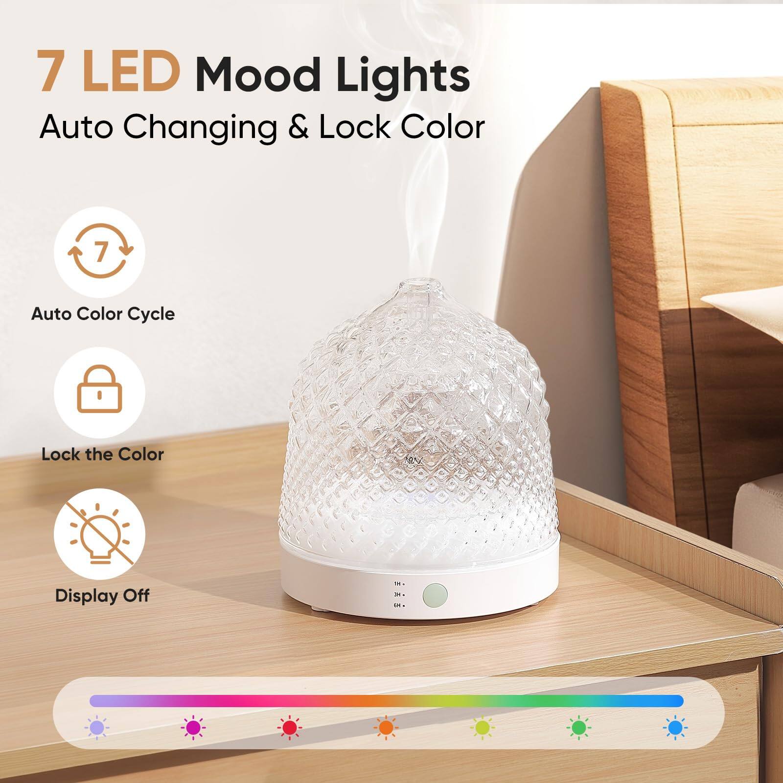 7 LED Mood Lights  
Auto Changing & Lock Color  

- Auto Color Cycle  
- Lock the Color  
- Display Off