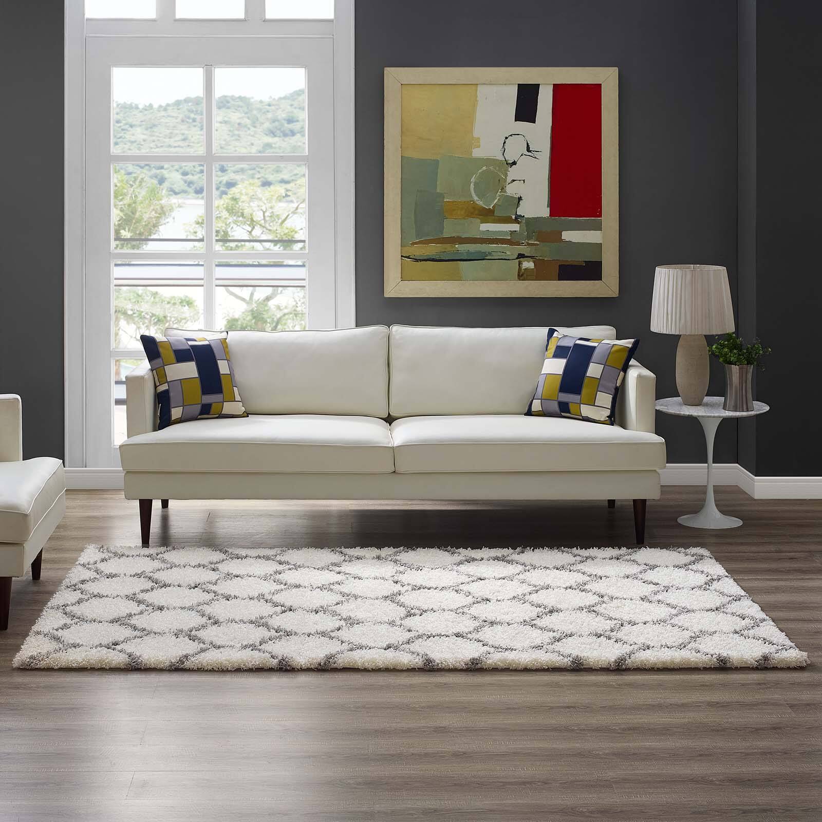 Left. Modway - Solvea Moroccan Trellis Shag Area Rug - Ivory and Gray.