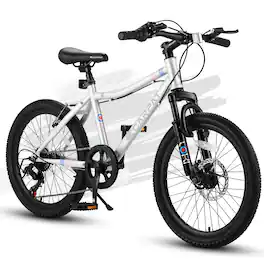 Aukfa - 20 Inch Kids Mountain Bike - Steel Frame, 7 Speed Gears, Front Suspension, Disc & V-Brake for Ages 6-12 - White