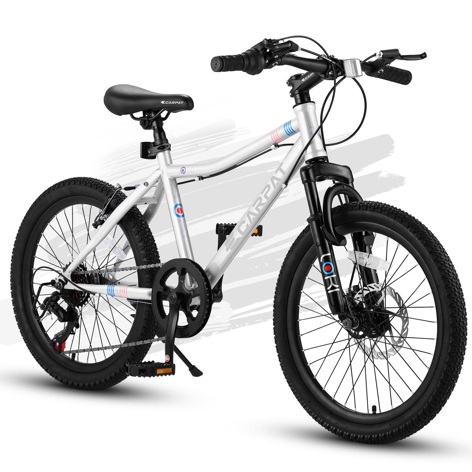 Aukfa - 20 Inch Kids Mountain Bike - Steel Frame, 7 Speed Gears, Front Suspension, Disc & V-Brake for Ages 6-12 - White