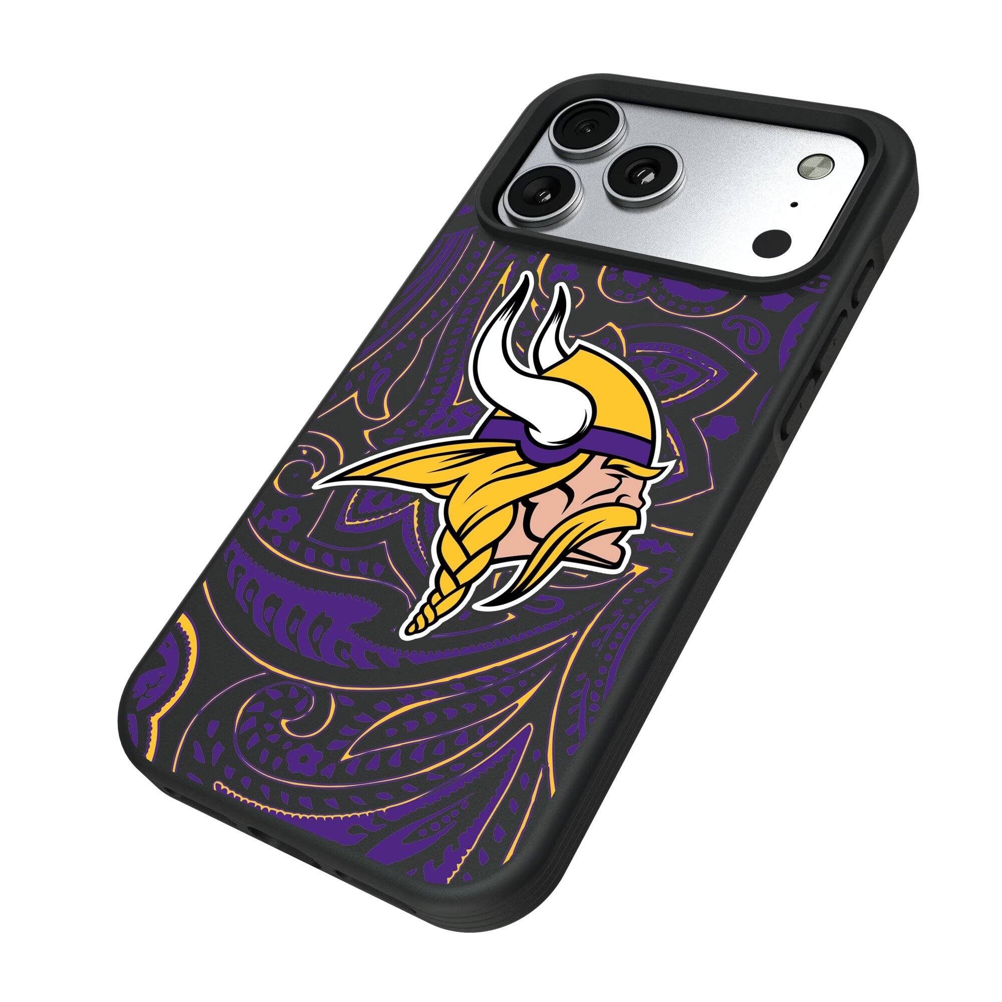 Alt View 1. Keyscaper - Minnesota Vikings iPhone Paisley Design Bump Case - 15 Pro Max - Multicolor.