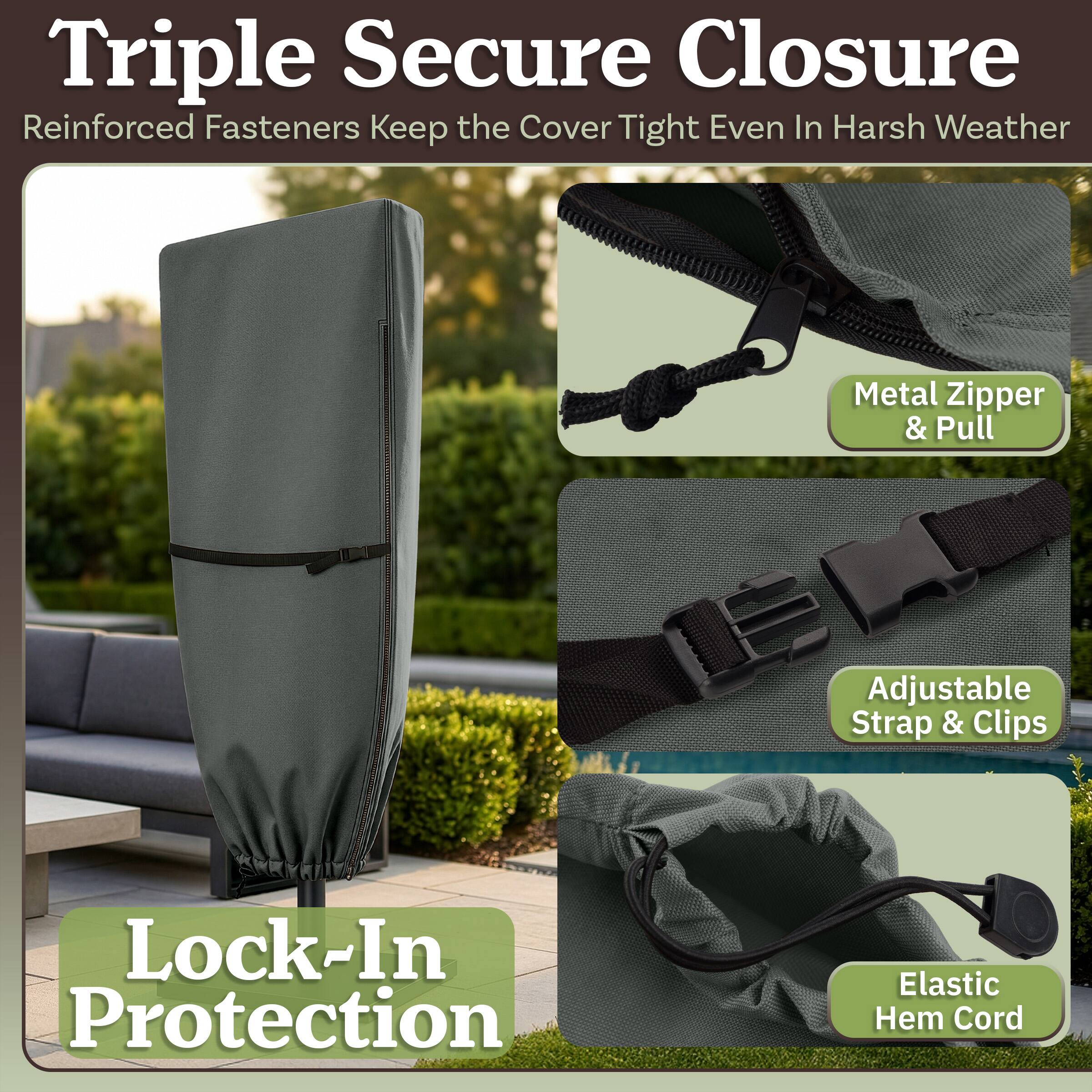 Triple Secure Closure  
Reinforced Fasteners Keep the Cover Tight Even In Harsh Weather  

Metal Zipper & Pull  
Adjustable Strap & Clips  
Elastic Hem Cord  

Lock-In Protection
