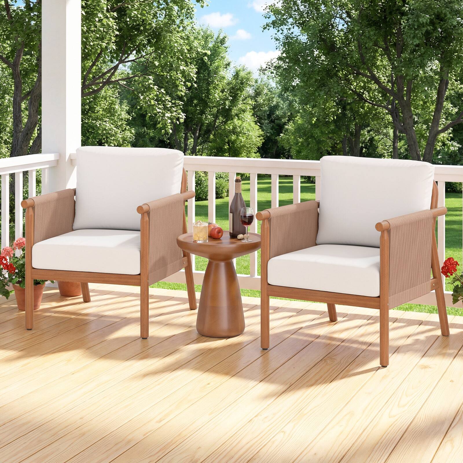 Alt View 3. Gymax - Gymax 4PCS Patio Acacia Wood Chair w/ Woven Rope Armrests & Seat Back Cushions White - White.