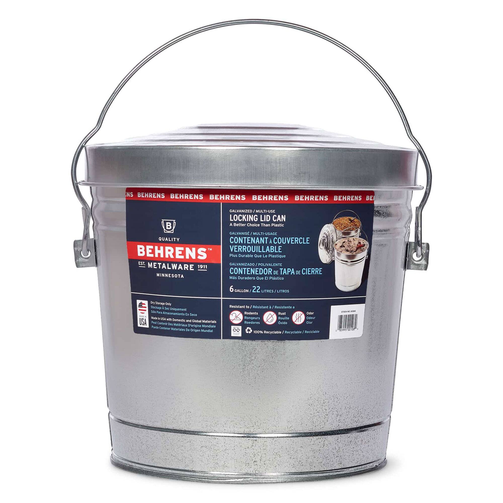 BEHRENS  
EST. 1911  
MINNESOTA  

BEHRENS' QUALITY METALWARE  

LOCKING LID CAN  
GALVANIZED MULTI-USE  
A Better Choice Than Plastic  

CONTENANT & COUVERCLE  
GALVANISÉ MULTI-USAGE  
Plus Durable Que Le Plastique  

CONTENEDOR DE TAPA DE CIERRE  
GALVANIZADO POLIVALENTE  
Más Duradero Que El Plástico  

6 GALLON / 22 LITRES  

Dry Storage Only  
Made in USA with Domestic and Global Materials  
Pure Copper - Made in the USA  
Pure Copper - Fabricado en los Estados Unidos  

Resistant to:  
Rats / Rats  
Mice / Souris  
Rodents / Roedores  

100% Recyclable / Recyclable / Reciclable  

BEHRENS  
BEHRENS  
BEHRENS  
BEHRENS
