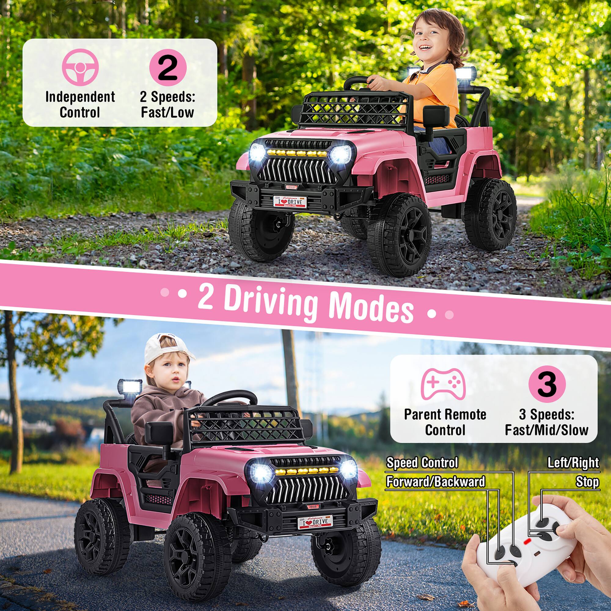 2 Independent Control  
2 Speeds: Fast/Low  

2 Driving Modes  

Parent Remote Control  
3 Speeds: Fast/Mid/Slow  
Speed Control Forward/Backward  
Left/Right Stop