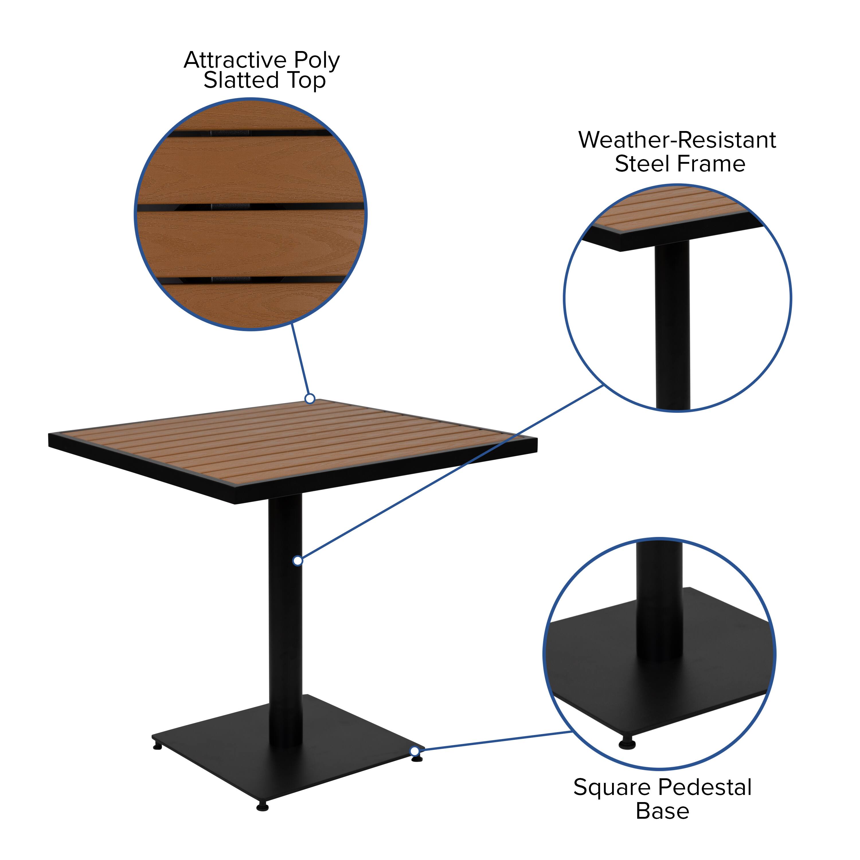 Attractive Poly Slatted Top  
Weather-Resistant Steel Frame  
Square Pedestal Base