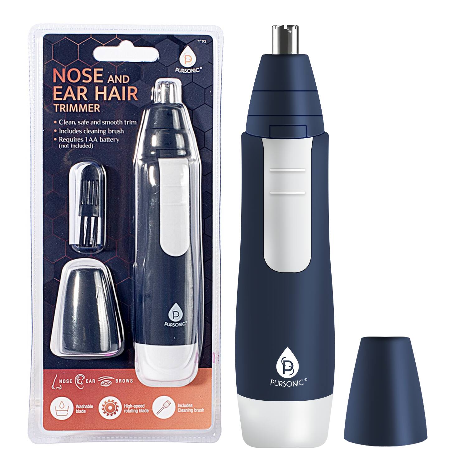 Nose and Ear Hair Trimmer  
Clean, safe and smooth trim  
Includes cleaning brush  
Requires 1 AA battery (not included)  

Pursonic  
Pursonic Nose Ear Brows  
Washable blade  
High-speed rotating blade  
Includes Cleaning brush