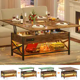 Aheaplus - Convertible Lift Top Coffee Table: LED Lights & Power Outlet, Multi-Function Center Table for Living Room - Rustic Brown